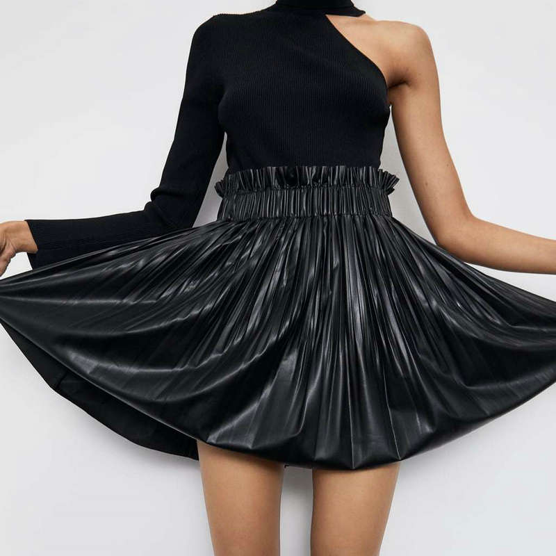 Black Faux Leather Pleated Skater Skirt