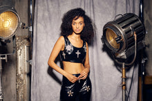 Load image into Gallery viewer, Moonlight Flax Leather Crystal encrusted Crop Top and Trouser Set
