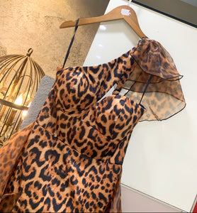 Leopard Ruffles One Shoulder Evening Dress