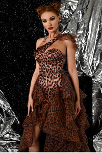 Leopard Ruffles One Shoulder Evening Dress