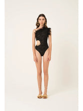 Load image into Gallery viewer, Asia Asymmetrical Feather Trim Bodysuit
