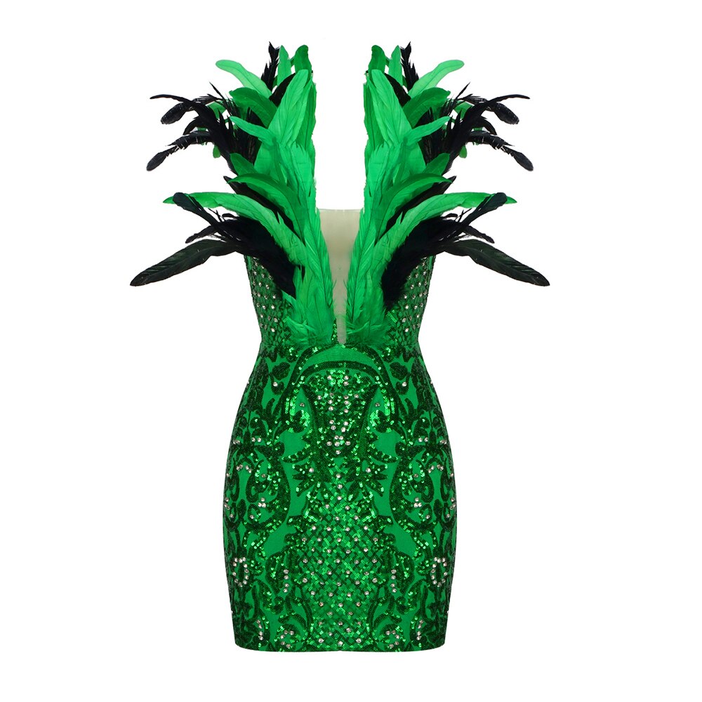 Green Feather Embellished Sequin Dress