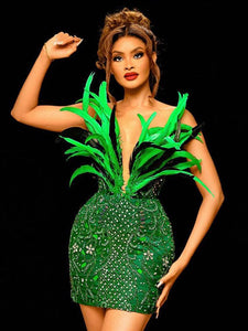 Green Feather Embellished Sequin Dress