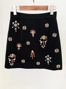 Luxury Colorful Diamond Bead Short Top+Skirt Black Two Piece Set