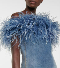Load image into Gallery viewer, Blue Ostrich Feather Denim Dress
