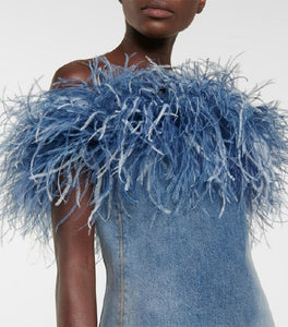 Blue Ostrich Feather Denim Dress