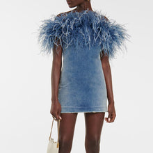 Load image into Gallery viewer, Blue Ostrich Feather Denim Dress
