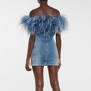 Blue Ostrich Feather Denim Dress
