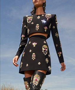 Luxury Colorful Diamond Bead Short Top+Skirt Black Two Piece Set
