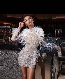 Crystal and Ostrich Feather Embellished Party Gown