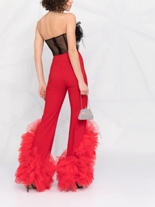 High Waist Tulle Ruffles Flared Trousers