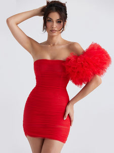 Red Mesh Ruffle Sleeve Ruched Mini Dress