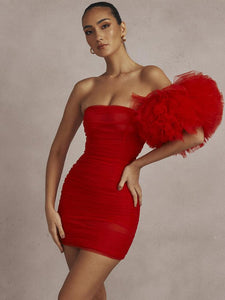 Red Mesh Ruffle Sleeve Ruched Mini Dress