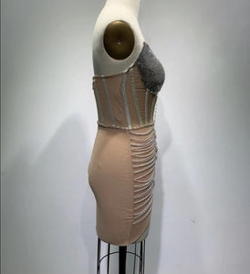 Strapless Sequins Tassel Mesh Mini Bodycon  Dress