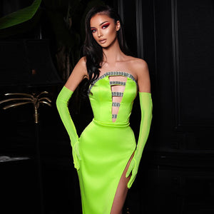 Green Crystal Encrusted Evening Dress with Sleeves