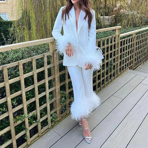 Jessica's Feather Trim Blazer and Trouser Suit