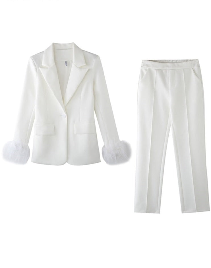 Karla White Feather cuff suit