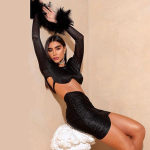 Two Piece Feather Long Sleeve Bodycon Set