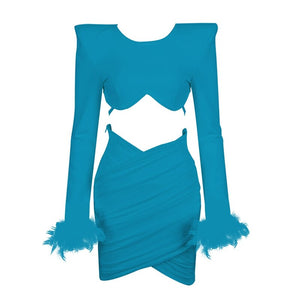Two Piece Feather Long Sleeve Bodycon Set