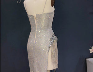 Cystal Silver Long Prom Dress