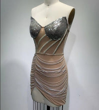 Load image into Gallery viewer, Strapless Sequins Tassel Mesh Mini Bodycon  Dress
