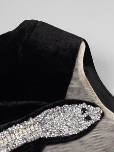 Velvet Mini Dress With Crystal Beads Design