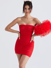 Load image into Gallery viewer, Red Mesh Ruffle Sleeve Ruched Mini Dress
