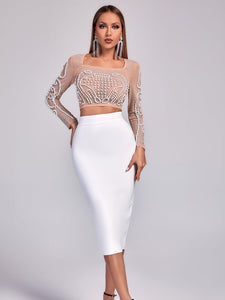 Sparkly Beaded Lace Mesh Long Sleeve Shirt and Skirt Set