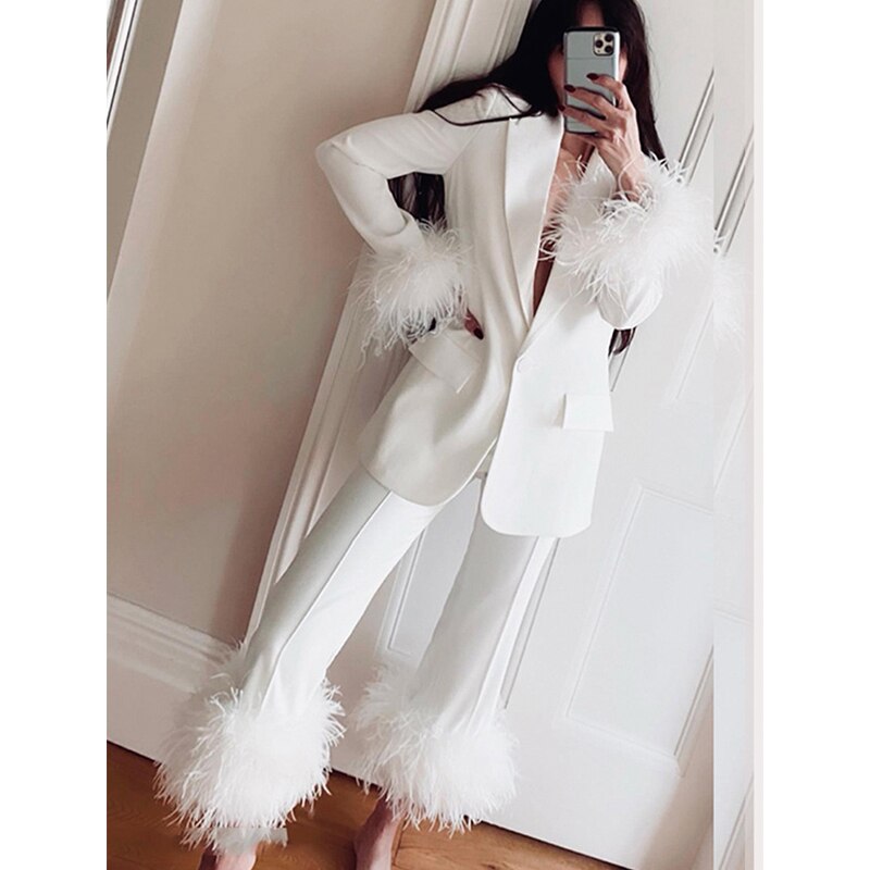Jessica's Feather Trim Blazer and Trouser Suit