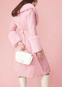 Fur Trim Pink Leather Trench Coat