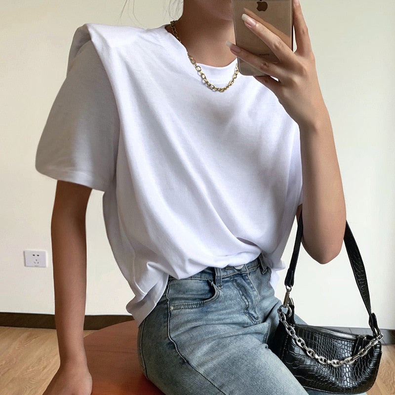 Women's White T-shirt with  Padded Shoulders