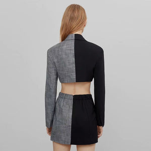 Patchwork Mini Skirt and Cropped Blazer Suit