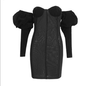 Black Long Puff Sleeve Velvet Mini Dress
