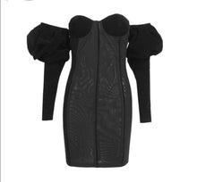 Load image into Gallery viewer, Black Long Puff Sleeve Velvet Mini Dress
