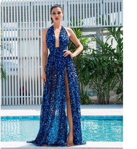 Blue Leopard Print Chiffon Maxi Dress