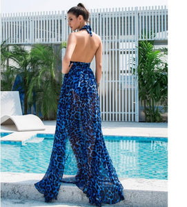 Blue Leopard Print Chiffon Maxi Dress
