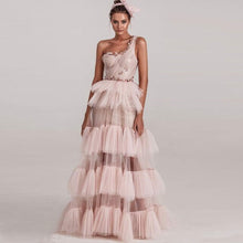 Load image into Gallery viewer, One Shoulder Crystal Ruffles Long Gown

