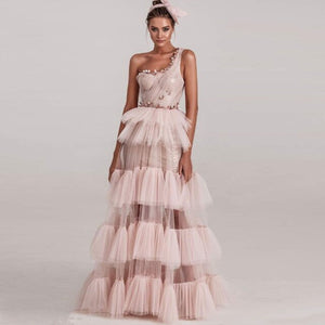 One Shoulder Crystal Ruffles Long Gown
