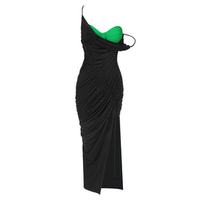 Long Black & Green Contrast Asymmetrical Dress