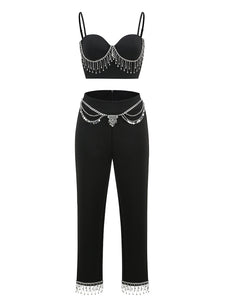 Black Designer Diamond Bodycon Trouser Party Set